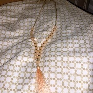 Light pink/gold beaded tassel necklace